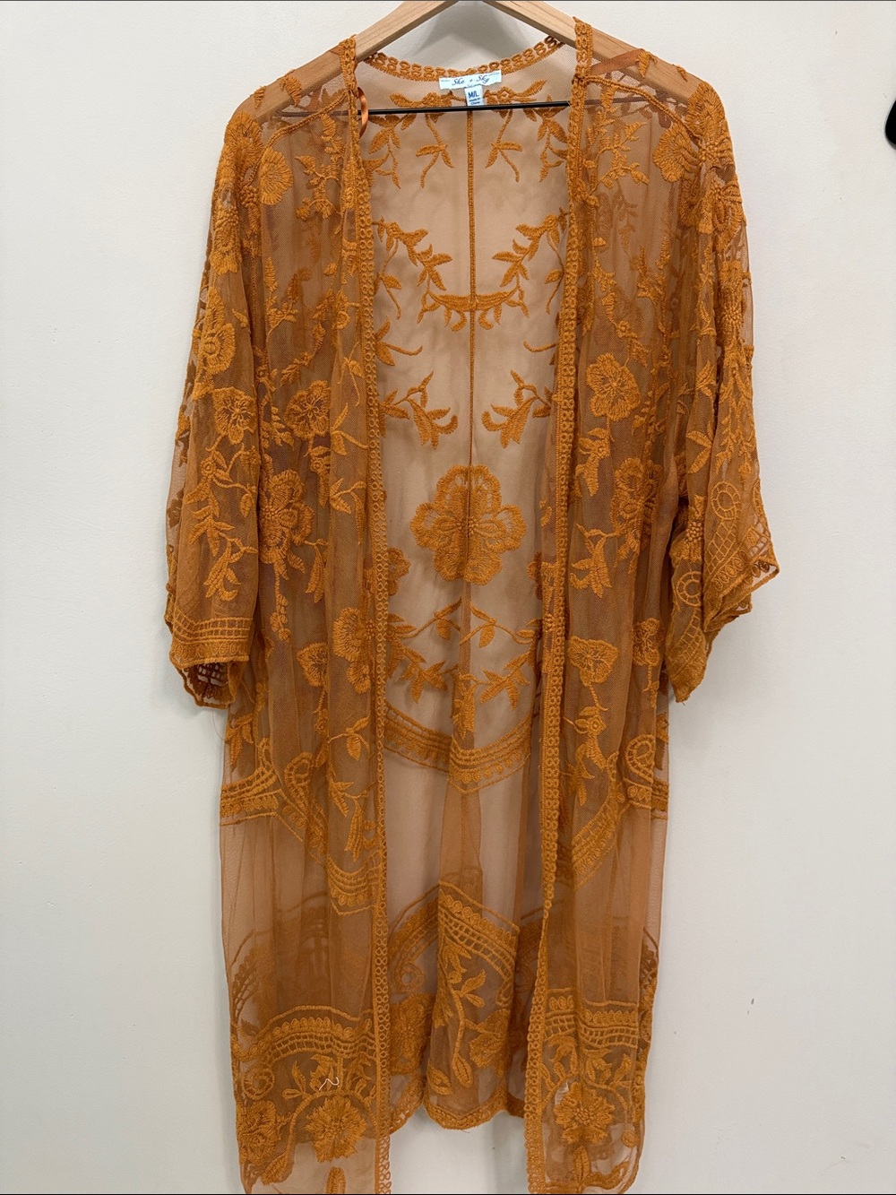 Sheer Floral Lace Kimono Robe in Mustard - Cottage Core